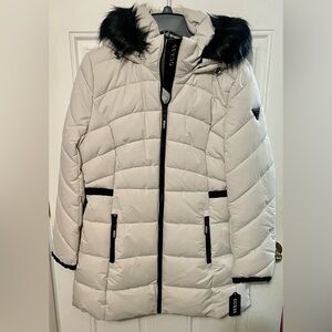 NWT GUESS Women's Cream Puffer Jacket with Black Accents